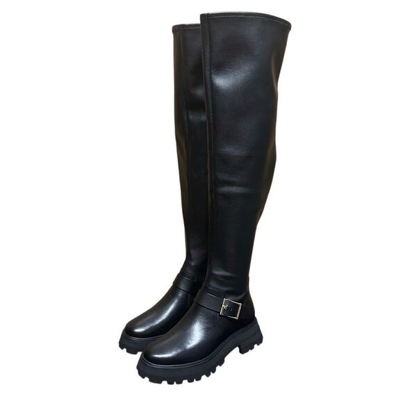 NEW Michael Kors Black Easton Leather Over The-Knee Boot Size 7M Buckle Goth Gru - Picture 1 of 11